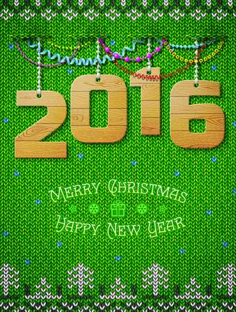 New Year 2016 of wood as christmas decoration. Christmas congratulation against knitted background. Qualitative vector illustration for new year day, christmas, winter holiday, new year eve, silvester, etcのイラスト素材
