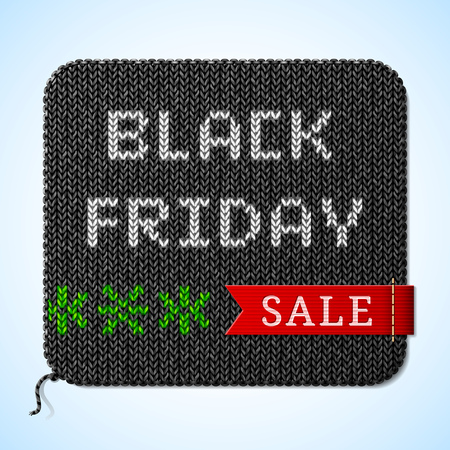 Black Friday Sale title on knitted fabric. Design for christmas sales announcement. Qualitative vector illustration for christmas, sales, new year day, discount, winter holiday, shopping season, price reduction, etcのイラスト素材
