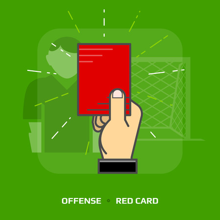 Flat illustration of penalty card against green background. Flat design of red card for dismissal of player, front view. Vector image about soccer, sport game, football, championship, gameplay, etcのイラスト素材