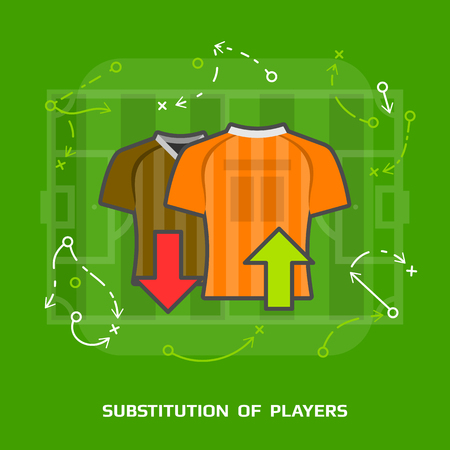 Flat illustration of soccer substitution against green. Flat design of players exchange in association football, front view. Vector image for soccer, sport game, football, championship, gameplay, etcのイラスト素材