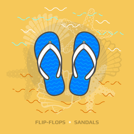 Flat illustration of flip flops against yellow background. Flat design of beach sandals, top view. Vector image about footwear, recreation, travel, beach vacation, holidays, summer shoes, etcのイラスト素材