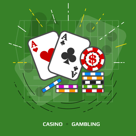 Flat illustration of gambling against green background. Flat design of playing cards and casino chips. image about game of chance, poker, casino, luck, betting, jackpot, gambling, hazard, etcのイラスト素材