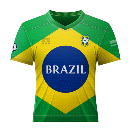 Soccer shirt in colors of brazilian flag. National jersey for football team of Brazil. Qualitative vector illustration about soccer, sport game, football, championship, national team, gameplay, etcのイラスト素材