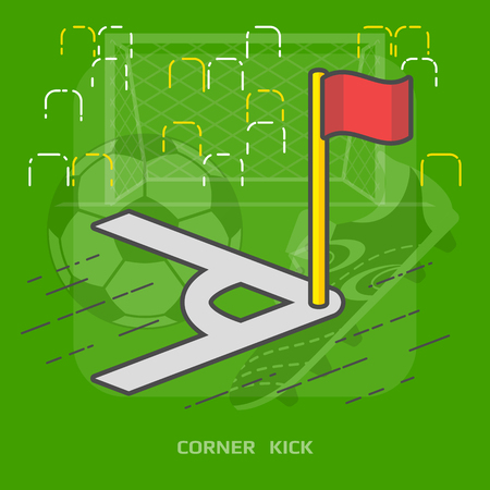 Flat illustration of soccer pitch corner with flag. Flat design of part of football field for corner kick. Best vector illustration about soccer, sports game, championship, gameplay, etcのイラスト素材