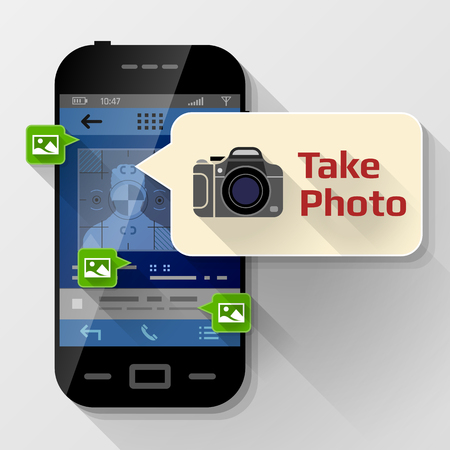 Smartphone with message bubble about photographing. Dialog box pop up over screen of phone. Best vector image about smartphone, photography, mobile technology, notification, application prompting, etcのイラスト素材