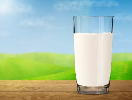 Glass of milk on wooden table on background of blurred landscape. Cow milk in glass cup with meadow and sky. Vector illustration for milk, food service, dairy, beverages, gastronomy, health food, etcのイラスト素材