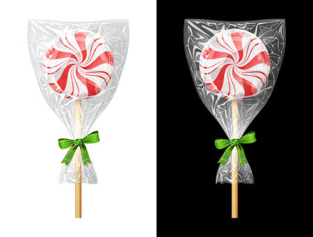 Round candy on stick in plastic wrapper with bow. Festive wrapped lollipop isolated on white and black background. Vector illustration for christmas, sweet food, new years day, holiday, dessert, etcのイラスト素材