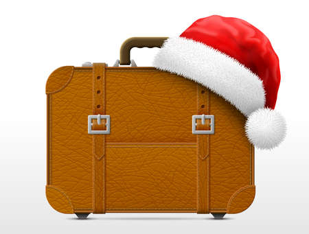 Suitcase in red Santa Claus hat. Christmas hat is put on travel bag. Vector illustration for travel, christmas, luggage, new years day, tourism, decoration, accessory, winter holiday, vacation, etcのイラスト素材