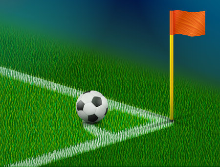 Corner of soccer pitch with ball and flag. Part of football field for corner kick. Vector illustration for soccer, sport game, championship, gameplay, etcのイラスト素材