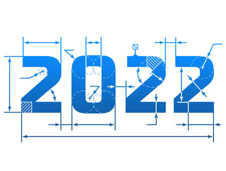 New Year 2022 number with dimension lines. Element of blueprint drawing in shape of 2022 year. Vector design element for new years day, christmas, winter holiday, engineering, new years eve, etcのイラスト素材