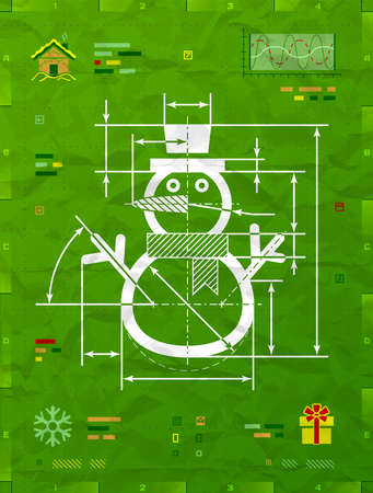 Christmas snowman symbol as technical blueprint drawing. Drafting of winter snowperson on crumpled paper. Vector image for winter holiday, new years day, christmas, decoration, snow sculpture, etcのイラスト素材