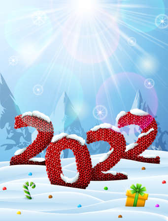 New Year 2022 in shape of knitted fabric in snow. Winter landscape with year number, top lighting. Vector image for new years day, christmas, winter holiday, knitting, new years eve, silvesterのイラスト素材