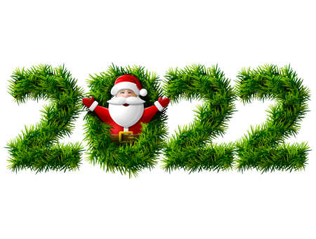 New Year 2022 of christmas tree branches isolated on white. Waist up portrait of Santa Claus with his hands up. Vector image for new years day, christmas, winter holiday, new years eve, silvester, etcのイラスト素材
