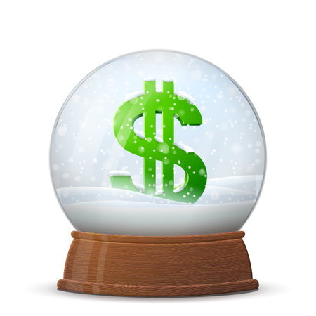 Christmas snow globe with money symbol on wooden stand. Glass snow dome with dollar sign inside. Vector image for finance, christmas, banking, new years day, forex, decoration, etcのイラスト素材