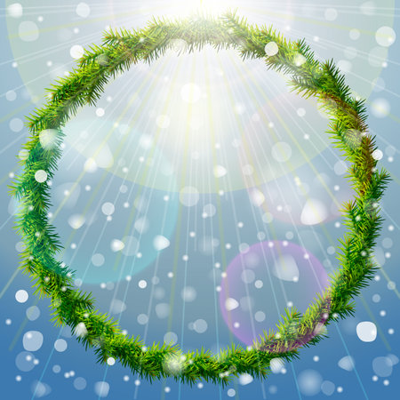 Thin christmas wreath with overhead lighting and snowfall. Round wreath of pine branches without decoration. Vector image for new years day, christmas, decoration, winter holidayのイラスト素材
