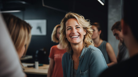 Female creative director smiling in office with coworkersの素材