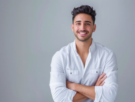 Portrait of a smiling young man standing with arms crossed over gray backgroundの素材