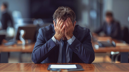 Businessman covers his face with his hands in stress at his deskの素材