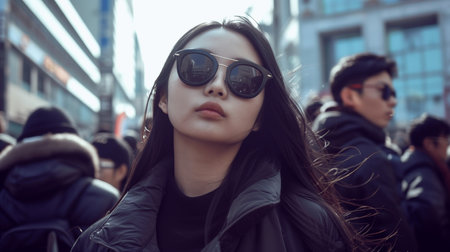 A young woman in black wearing sunglasses in a crowd on a downtown street.の素材