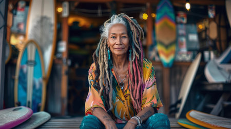 Portrait of senior woman with dreadlocks sitting outside of surfboard rental shopの素材
