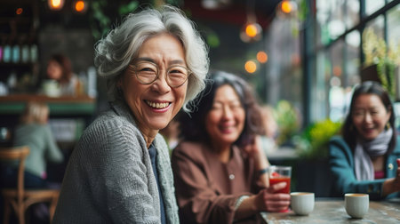 Happy senior asian woman sitting in restaurants, asian senior lifestyleの素材