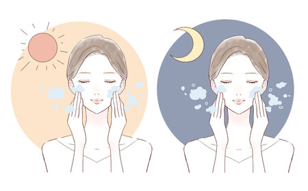 Woman washing face in morning and night. On a white background.のイラスト素材
