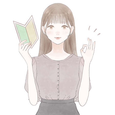 A woman holding a beginner's mark and making an OK sign. On white background.のイラスト素材