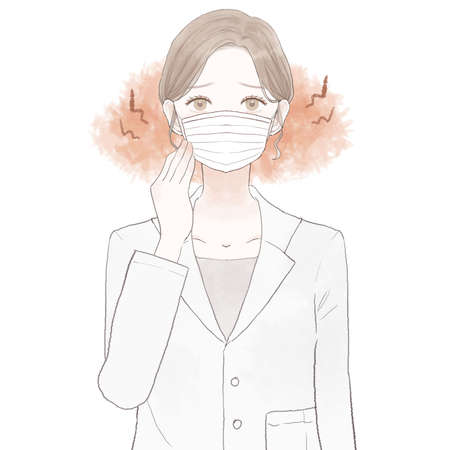 A female doctor suffering from friction and inflammation caused by wearing a nonwoven mask. On white background.のイラスト素材