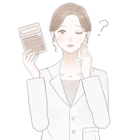 Female doctor with calculator, having doubts. On white background.のイラスト素材