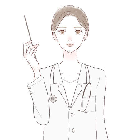 Female doctor explaining while holding instruction stick. On white background.のイラスト素材