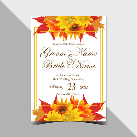 Gorgeous Vintage Floral Wedding Invitation with Realistic Yellow and Orange Daisyのイラスト素材