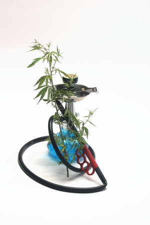 Blue hookah with black water pipe and marijuana leaves. Isolated on white background.