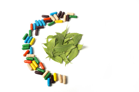 Half circle of colorful Ayurveda herbal tablets with neem tree leaves. Isolated on white background.の写真素材