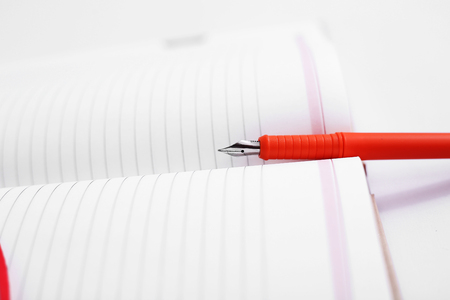 Portrait of diary with pen. Isolated on the white background.の写真素材