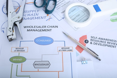 Picture of pen, stapler, paper clip and magnifying glass on the wholesaler chart.