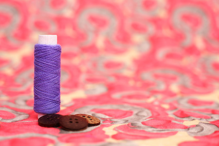 Portrait of purple sewing thread and four button. Isolated on the colorful background.