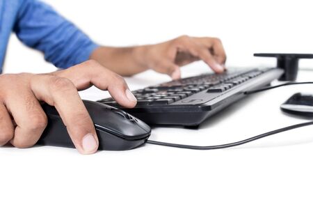 Picture of man working on computer. Isolated on white background.