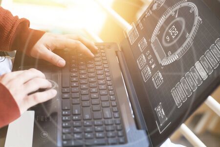 Photo of hands working on laptop. Isolated on white background.の写真素材