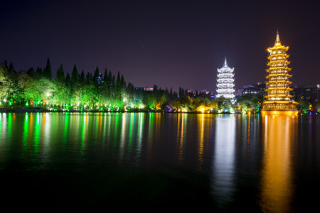 Sun and Moon Pagoda at Guiling - China - Night Viewの写真素材
