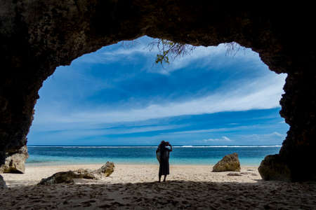 Female tourists in sea cavesの写真素材