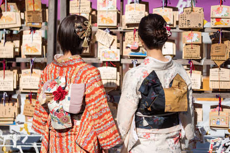 Japanese woman wearing a kimonoの写真素材