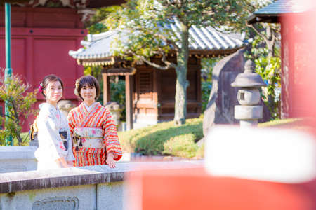Women wearing Kimono at Kiyomizu-dera Temple in Kyoto, Japanの写真素材