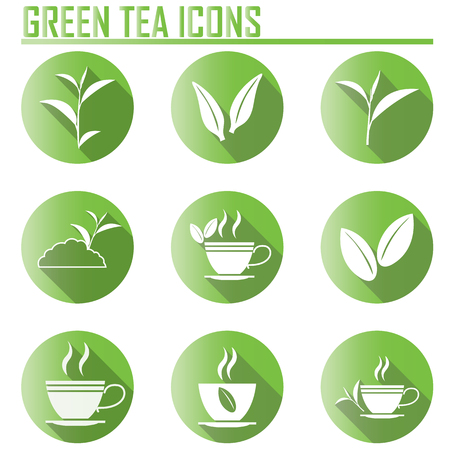 Green tea symbols and icons with long shadow.のイラスト素材