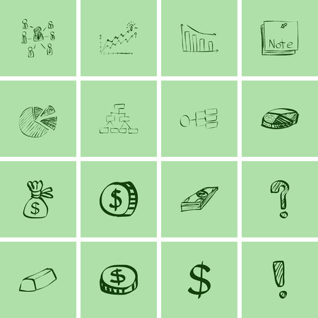 Icon set business & finance with money, graphs, calculator, shaking hands, hand drawn vector doodleのイラスト素材