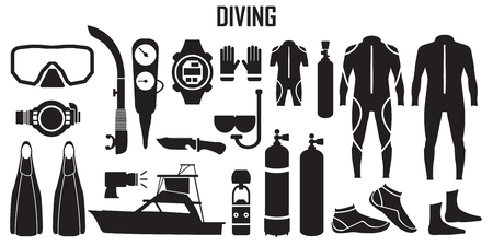 Diving, scuba ,dive, water, sea, sport, mask, illustration, snorkel, diver illustration flat icons. mono vector symbolのイラスト素材