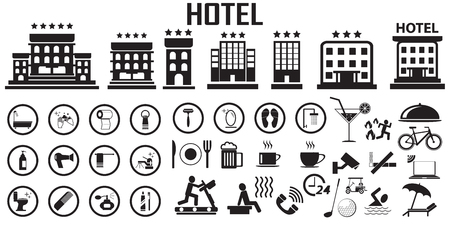 hotel bed room travel vacation service illustration flat icons. mono vector symbol.のイラスト素材