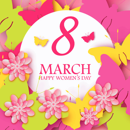 Abstract Pink Floral Greeting card - International Happy Women's Day - 8 March holiday background with paper cut Frame Flowers. Happy Mother's Day. Trendy Design Template. Vector illustration.のイラスト素材