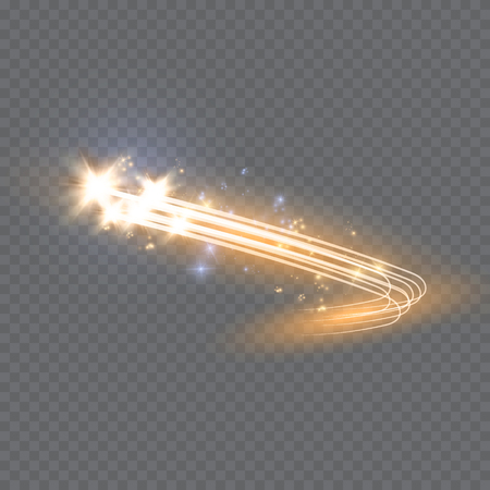 Abstract vector glowing magic star light effect from the neon blur of curved lines. Glittering stars dust trail from the side.flying comet on a transparent background.のイラスト素材