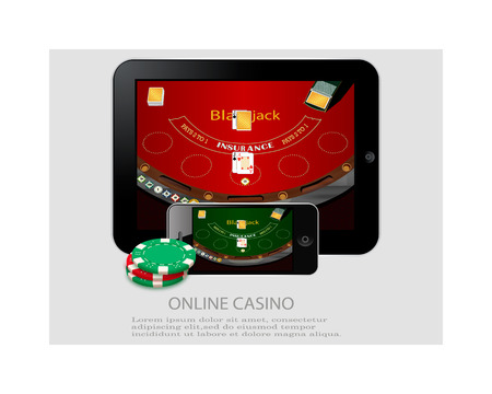 Online casino design poster banner. Tablet with poker chips and cards on table. Casino gambling background, poker mobile appのイラスト素材