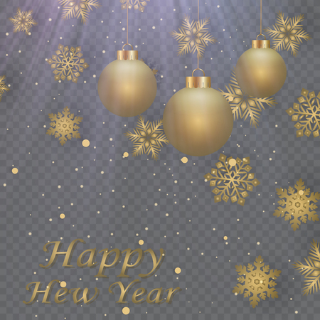 Layout Happy New Year golden and black color space for text Christmas balls, and snowflakes. Golden bokeh, light and ribbons.のイラスト素材